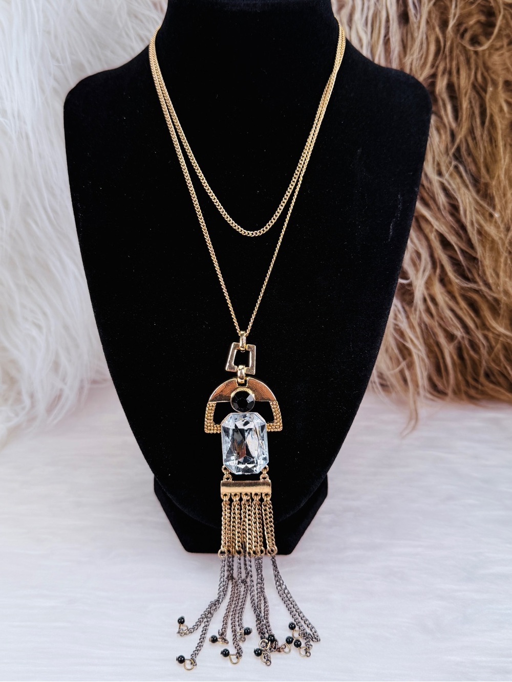 Gold Tone Crystal Tassel Pendant Necklace Black Accent Long Statement